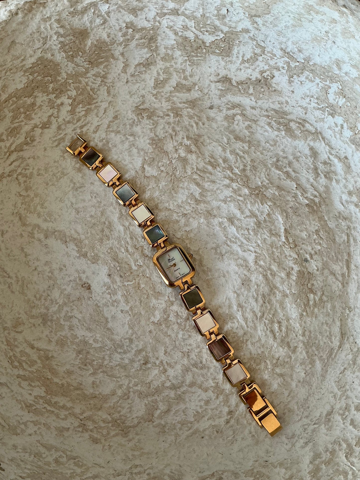 Marcel Drucker Mother of Pearl dial and abalone gemstones 18k gold plated vintage watch