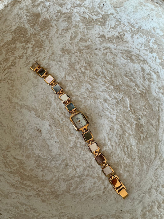 Marcel Drucker Mother of Pearl dial and abalone gemstones 18k gold plated vintage watch
